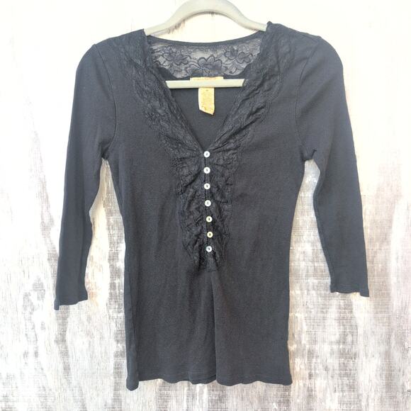 Vintage Naturelle Y2K Dainty Coquette Ribbed Lace Trim Black Top Women's Med - Picture 1 of 10